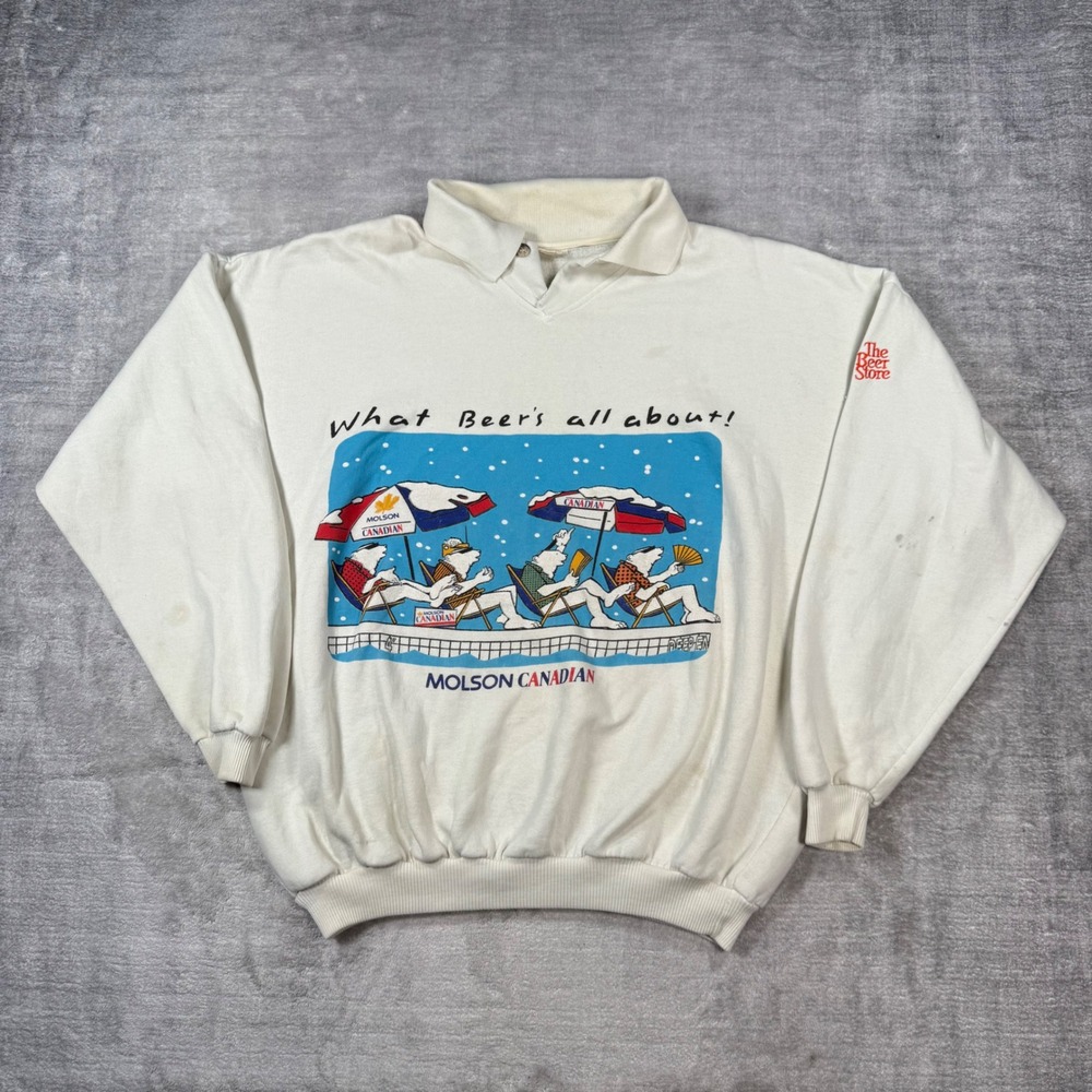 Molson Canadian Sweatshirt Mens XL Cream Collared Polar Bear Vintage 80s Beer
